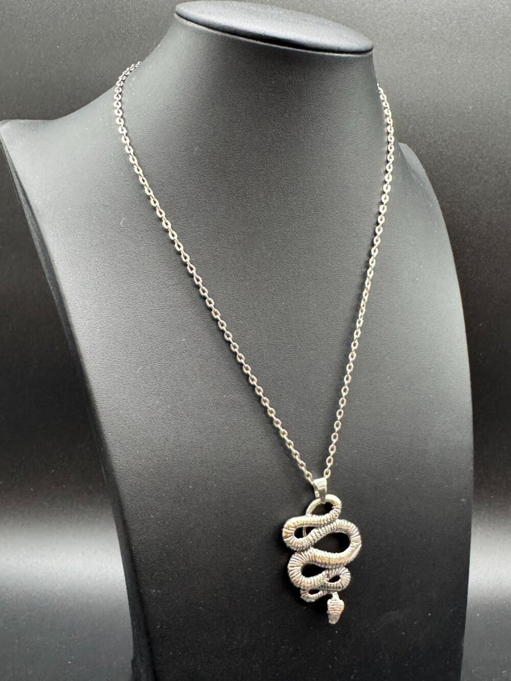 Silver Tone Necklace Metal Chain Links & Snake Pendant Goth Costume 18 inches